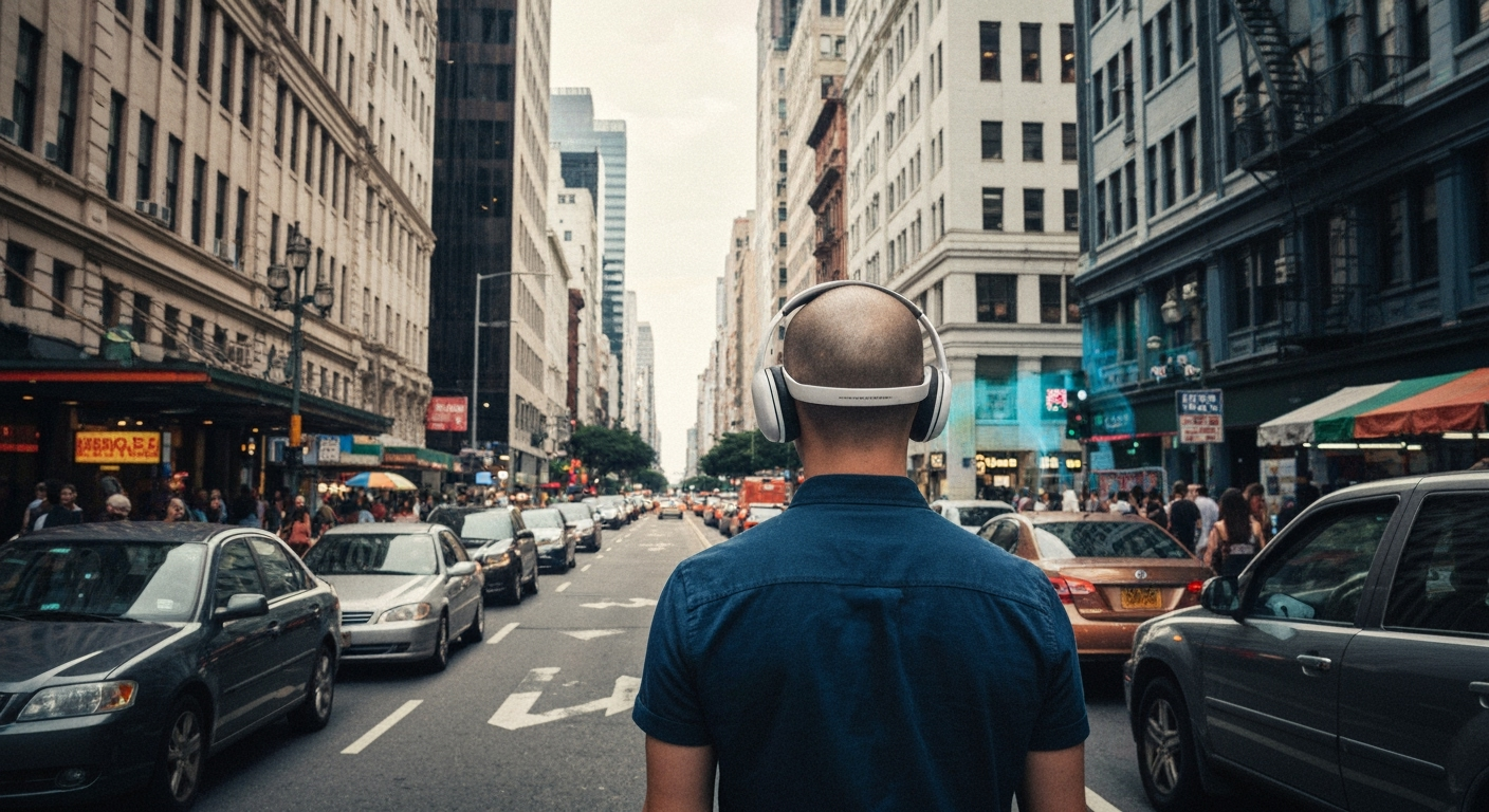 Person in headphones walks on city street.