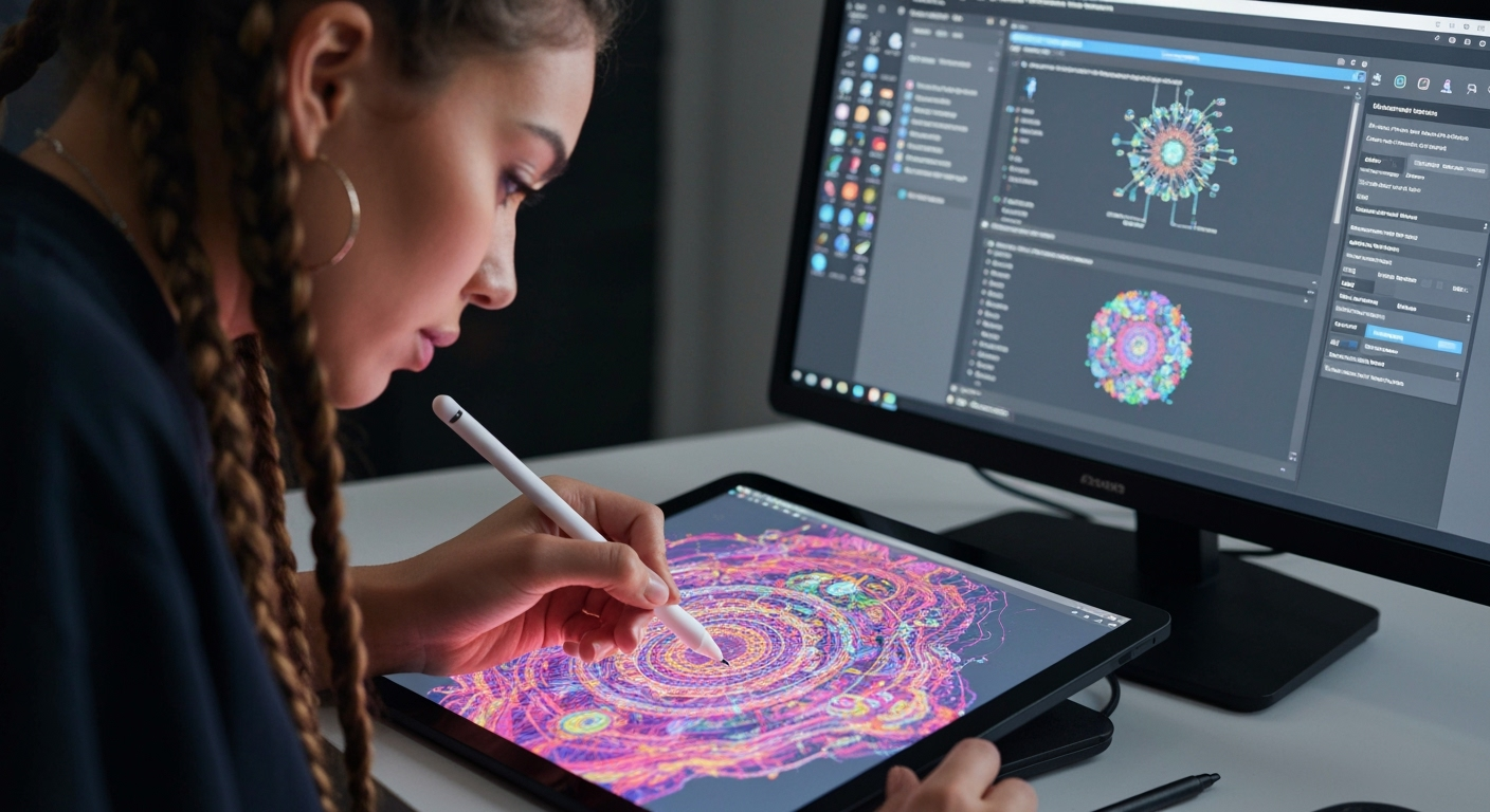 Artist uses stylus on tablet; AI art on screen