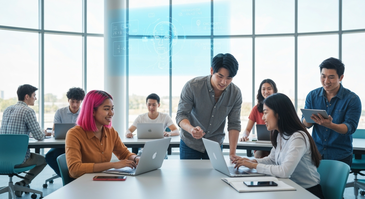 Students use tech; AI tutor hologram hovers