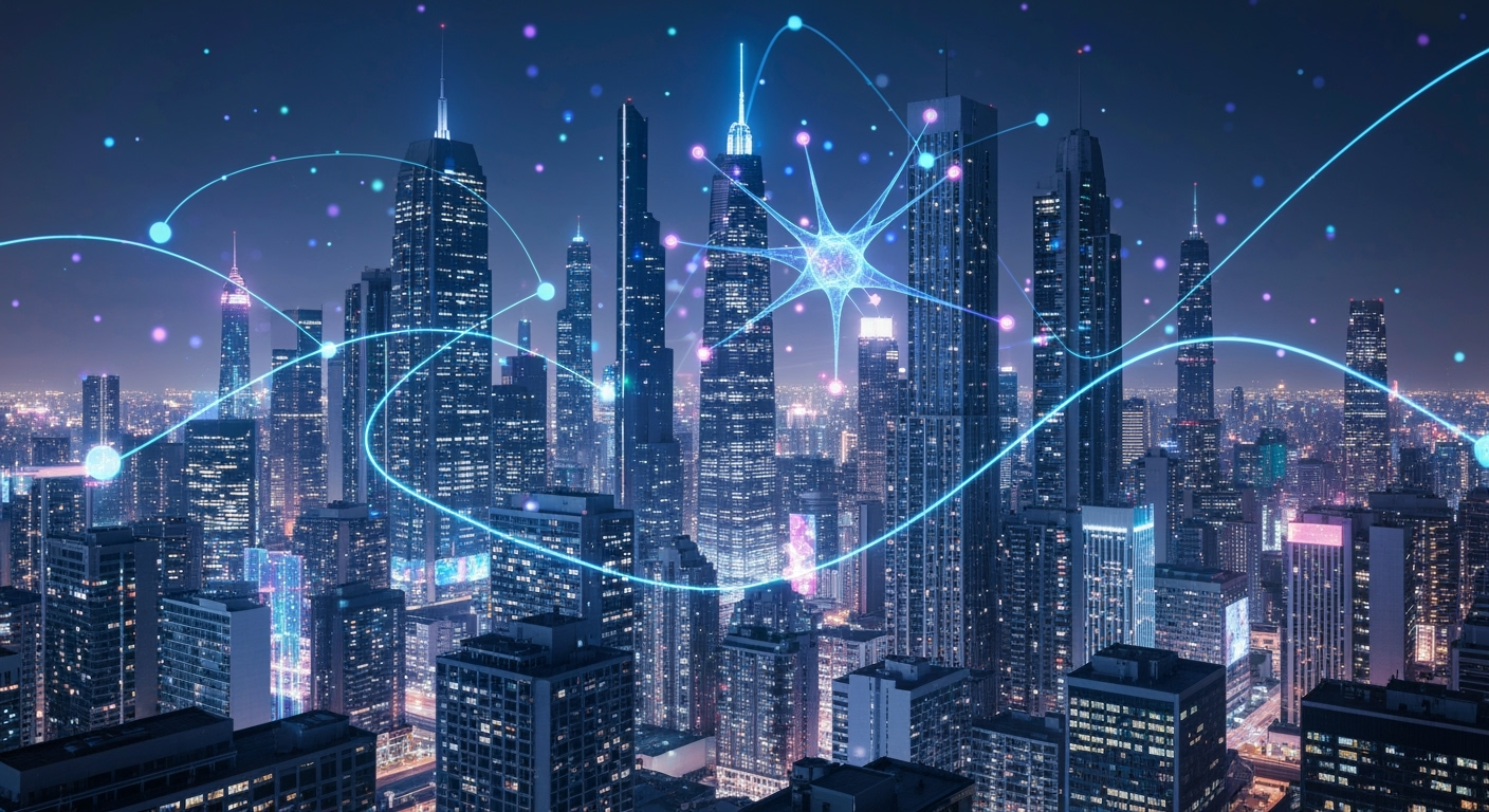 AI neural network over cityscape