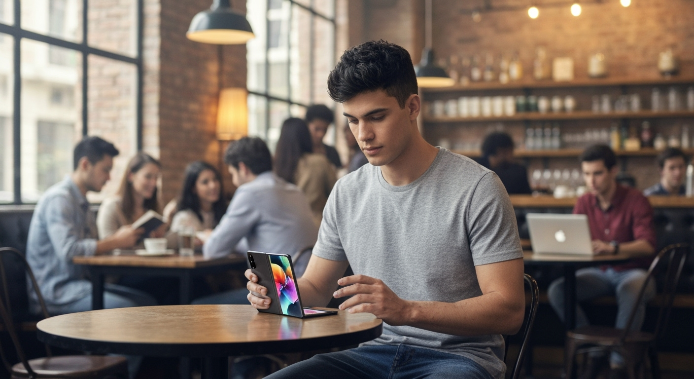 Person unfolds a Samsung Galaxy Z Fold at a cafe.
