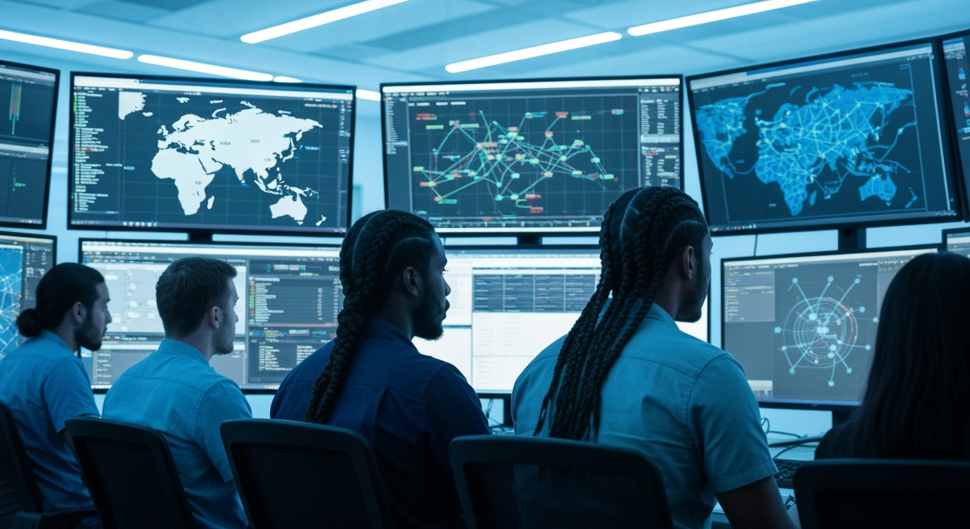 SOC analysts monitor threat data on multiple screens.