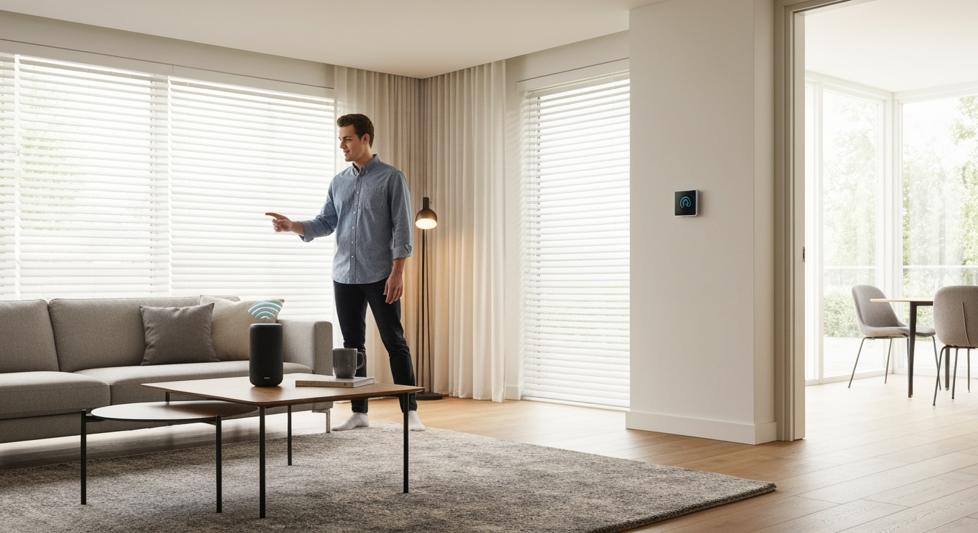 Person uses smart speaker in modern living room